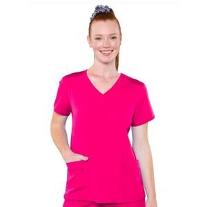 Med Couture Touch V-Neck Knit Back 3-Pocket Scrub Top Hot Pink Workwear Nurse